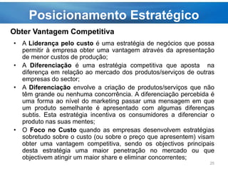 Posicionamento Estratégico
• A Liderança pelo custo é uma estratégia de negócios que possa
permitir à empresa obter uma vantagem através da apresentação
de menor custos de produção;
• A Diferenciação é uma estratégia competitiva que aposta na
diferença em relação ao mercado dos produtos/serviços de outras
empresas do sector;
• A Diferenciação envolve a criação de produtos/serviços que não
têm grande ou nenhuma concorrência. A diferenciação percebida é
uma forma ao nível do marketing passar uma mensagem em que
um produto semelhante é apresentado com algumas diferenças
subtis. Esta estratégia incentiva os consumidores a diferenciar o
produto nas suas mentes;
• O Foco no Custo quando as empresas desenvolvem estratégias
sobretudo sobre o custo (ou sobre o preço que apresentem) visam
obter uma vantagem competitiva, sendo os objectivos principais
desta estratégia uma maior penetração no mercado ou que
objectivem atingir um maior share e eliminar concorrentes;
25
Obter Vantagem Competitiva
 