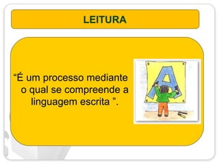 LEITURA
“É um processo mediante
o qual se compreende a
linguagem escrita ”.
 
