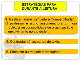 ESTRATÉGIAS PARA
DURANTE A LEITURA
4. Realizar tarefas de “Leitura Compartilhada”.
O professor e aluno assumem, ora um, ora
outro, a responsabilidade de organização e
envolvimento no ato de ler.
5. Confrontar várias partes do texto.
6. Sintetizar ou resumir informações.
 