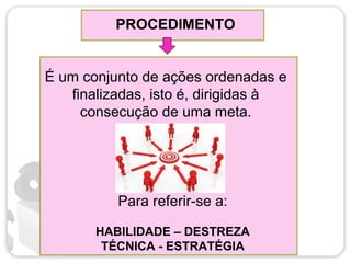 PROCEDIMENTO
É um conjunto de ações ordenadas e
finalizadas, isto é, dirigidas à
consecução de uma meta.
Para referir-se a:
HABILIDADE – DESTREZA
TÉCNICA - ESTRATÉGIA
 