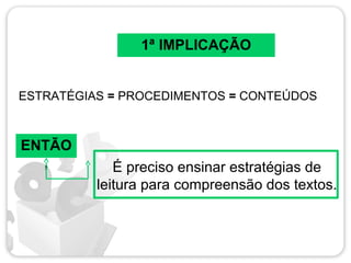 1ª IMPLICAÇÃO
ESTRATÉGIAS = PROCEDIMENTOS = CONTEÚDOS
ENTÃO
, É preciso ensinar estratégias de
leitura para compreensão dos textos.
 