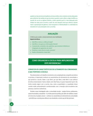 42
apodera-sedasestruturasdosgêneros,deseusestilosedoscontextossociaisadequados
para utilizá-los. Na medida em que reconhece quando o autor utiliza o artigo cientíﬁco ou
quando faz uso de um gênero literário, o leitor aprende qual é o mais adequado para
moldar seu texto oral ou escrito, a partir de uma situação social que vivencia. Quanto
maior a apropriação dos gêneros, mais transparece a individualidade e a criatividade do
estudante em suas produções orais ou escritas.
AVALIAÇÃO
Critérios para avaliar o desenvolvimento das habilidades
depois da leitura.
1. Identiﬁca o tema e a idéia principal?
2. Identiﬁca e recupera as informações literais?
3. Compreende conteúdos não explícitos, que envolvem inferência e
integração de segmentos do texto?
4. Sintetiza o texto lido de modo coerente?
5. Avalia criticamente o texto lido?
COMO ORGANIZAR A ESCOLA PARA IMPLEMENTAR
ESTE REFERENCIAL?
CONHECER AS CARACTERÍSTICAS DO LETRAMENTO DA COMUNIDADE
A QUE PERTENCE A ESCOLA
Paradesenvolverumtrabalhoconsistentecomaampliaçãodascompetênciasleitora
e escritora, é importante conhecer as características do letramento da comunidade a
que pertence a escola. Saber o que lêem, por que lêem, onde lêem e que práticas
de leitura desenvolvem. Numa cidade como São Paulo, é quase impossível quem não
tenha contato algum com a escrita, mas, como a quantidade e a qualidade desse
contato estão profundamente correlacionadas com a inserção sócio-econômica das
pessoas, é preciso conhecê-las.
Envolver nessa investigação toda a comunidade escolar – equipe técnica, professores,
outros funcionários, estudantes – é um belo ponto de partida, pois além de mobilizar a todos
em torno de um projeto comum – conhecer as características do letramento da comunidade
– permitirá que a escola possa oferecer aos estudantes o ensino que de fato precisam.
19214006 paginado.indd 4219214006 paginado.indd 42 27.01.06 17:28:1827.01.06 17:28:18
 