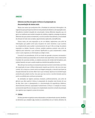 65
ANEXO
Gêneros escritos de apoio à leitura e à preparação ou
documentação de textos orais
Muitos dos textos que produzimos têm a ﬁnalidade de selecionar informações e de
organizá-lasparaparticiparmosdeformamaisprodutivadedebatesoudeexposiçõesorais.
Tais gêneros envolvem situações de comunicação e temas diferentes daqueles que, em
geral, nos mobilizam para resolver situações do cotidiano, exigindo o emprego de palavras
diferentesdasqueusamosnormalmente,ousodeconceitosmaisabstratos,anecessidade
de articular de modo claro os dados, argumentando, explicando, exempliﬁcando.
Outras vezes, em uma exposição ou em um debate, registramos uma série de
informações que podem servir para recuperar em outro momento o que ouvimos
ou, simplesmente, para auxiliar o processamento do que é dito ao longo da própria
exposição ou debate. Durante a leitura, também podemos produzir uma série de
registros para isolarmos o que achamos signiﬁcativo ou para compreender o modo
como o autor organizou as informações ao redigir o texto.
A escrita é um procedimento. Só há um modo de aprender a escrever, escrevendo e
discutindo os textos que produzidos com escritores mais experientes. Como o texto escrito
é produto de sucessivas versões, os próprios processos de revisão são formadores, pois
acabam fazendo com que o usuário amplie seu domínio dos padrões da escrita.
Mas até que isso aconteça os estudantes precisam escrever e serem lidos num clima
de cooperação em que a ênfase esteja posta naquilo que ele diz e não nos erros que
comete. Se a criança ou o jovem sente sua imagem ameaçada, o natural é que fujam da
situação deixando de escrever. Não é isso o que se deseja. Aposta-se na transformação
produzida pela própria escrita, mas para que isso ocorra o escritor-iniciante precisa
sentir-se acolhido para continuar escrevendo.
As atividades de registro previstas envolvem, preferencialmente, uma série de
gêneros que dão suporte à leitura, à preparação de situações mais formais do uso
da fala, bem como o planejamento e a documentação de experiências didáticas,
desenvolvendo diversas capacidades fundamentais à leitura e à redação de textos,
promovendo experiências com graus de complexidade crescente e através da produção
dos registros que resgatem o prazer de escrever.
• Listas
Aslistaspermitemrecapitularnomesrelacionadosaumdeterminadoassunto,identiﬁcar
os elementos que compõem algo, levantar as características de um mesmo elemento. Os
19214006 paginado.indd 6519214006 paginado.indd 65 27.01.06 17:28:2327.01.06 17:28:23
 