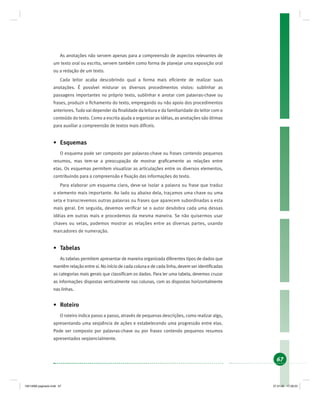 67
As anotações não servem apenas para a compreensão de aspectos relevantes de
um texto oral ou escrito, servem também como forma de planejar uma exposição oral
ou a redação de um texto.
Cada leitor acaba descobrindo qual a forma mais eﬁciente de realizar suas
anotações. É possível misturar os diversos procedimentos vistos: sublinhar as
passagens importantes no próprio texto, sublinhar e anotar com palavras-chave ou
frases, produzir o ﬁchamento do texto, empregando ou não apoio dos procedimentos
anteriores. Tudo vai depender da ﬁnalidade da leitura e da familiaridade do leitor com o
conteúdo do texto. Como a escrita ajuda a organizar as idéias, as anotações são ótimas
para auxiliar a compreensão de textos mais difíceis.
• Esquemas
O esquema pode ser composto por palavras-chave ou frases contendo pequenos
resumos, mas tem-se a preocupação de mostrar graﬁcamente as relações entre
elas. Os esquemas permitem visualizar as articulações entre os diversos elementos,
contribuindo para a compreensão e ﬁxação das informações do texto.
Para elaborar um esquema claro, deve-se isolar a palavra ou frase que traduz
o elemento mais importante. Ao lado ou abaixo dela, traçamos uma chave ou uma
seta e transcrevemos outras palavras ou frases que aparecem subordinadas a esta
mais geral. Em seguida, devemos veriﬁcar se o autor desdobra cada uma dessas
idéias em outras mais e procedemos da mesma maneira. Se não quisermos usar
chaves ou setas, podemos mostrar as relações entre as diversas partes, usando
marcadores de numeração.
• Tabelas
As tabelas permitem apresentar de maneira organizada diferentes tipos de dados que
mantêm relação entre si. No início de cada coluna e de cada linha, devem ser identiﬁcadas
as categorias mais gerais que classiﬁcam os dados. Para ler uma tabela, devemos cruzar
as informações dispostas verticalmente nas colunas, com as dispostas horizontalmente
nas linhas.
• Roteiro
O roteiro indica passo a passo, através de pequenas descrições, como realizar algo,
apresentando uma seqüência de ações e estabelecendo uma progressão entre elas.
Pode ser composto por palavras-chave ou por frases contendo pequenos resumos
apresentados seqüencialmente.
19214006 paginado.indd 6719214006 paginado.indd 67 27.01.06 17:28:2327.01.06 17:28:23
 