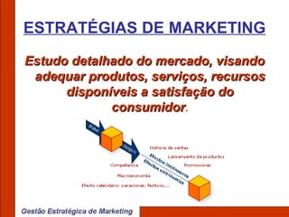 Estudo detalhado do mercado, visando adequar produtos, serviços, recursos disponíveis a satisfação do consumidor . ESTRATÉGIAS DE MARKETING 
