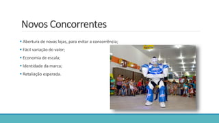 Novos Concorrentes
 Abertura de novas lojas, para evitar a concorrência;
 Fácil variação do valor;
 Economia de escala;
 Identidade da marca;
 Retaliação esperada.
 