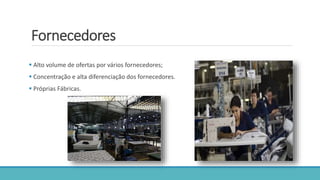 Fornecedores
 Alto volume de ofertas por vários fornecedores;
 Concentração e alta diferenciação dos fornecedores.
 Próprias Fábricas.
 