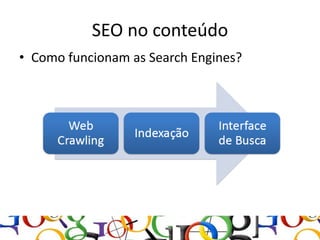 SEO no conteúdo
• Como funcionam as Search Engines?
 
