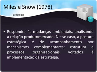 Miles e Snow (1978)
• Responder às mudanças ambientais, analisando
a relação produtomercado. Nesse caso, a postura
estratégica é de acompanhamento por
mecanismos complementares; estrutura e
processos organizacionais voltados à
implementação da estratégia.
Estratégia
 
