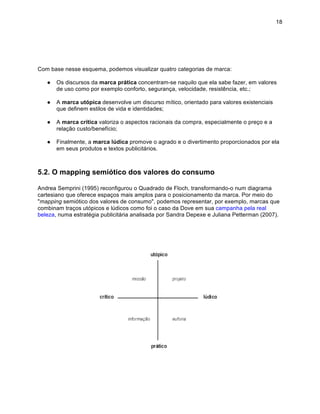18




Com base nesse esquema, podemos visualizar quatro categorias de marca:

   ●   Os discursos da marca prática concentram-se naquilo que ela sabe fazer, em valores
       de uso como por exemplo conforto, segurança, velocidade, resistência, etc.;

   ●   A marca utópica desenvolve um discurso mítico, orientado para valores existenciais
       que definem estilos de vida e identidades;

   ●   A marca crítica valoriza o aspectos racionais da compra, especialmente o preço e a
       relação custo/benefício;

   ●   Finalmente, a marca lúdica promove o agrado e o divertimento proporcionados por ela
       em seus produtos e textos publicitários.



5.2. O mapping semiótico dos valores do consumo

Andrea Semprini (1995) reconfigurou o Quadrado de Floch, transformando-o num diagrama
cartesiano que oferece espaços mais amplos para o posicionamento da marca. Por meio do
"mapping semiótico dos valores de consumo", podemos representar, por exemplo, marcas que
combinam traços utópicos e lúdicos como foi o caso da Dove em sua campanha pela real
beleza, numa estratégia publicitária analisada por Sandra Depexe e Juliana Petterman (2007).
 