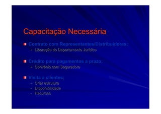 CapacitaCapacitaçção Necessão Necessááriaria
Contrato com Representantes/Distribuidores;Contrato com Representantes/Distribuidores;
LiberaLiberaçção do Departamento Jurão do Departamento Juríídicodico
CrCréédito para pagamentos a prazo;dito para pagamentos a prazo;
Convênio com SeguradoraConvênio com Seguradora
Visita a clientes;Visita a clientes;
-- Criar estruturaCriar estrutura
-- DisponibilidadeDisponibilidade
-- RecursosRecursos
 