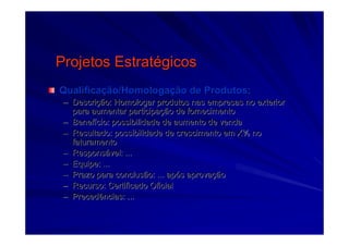 Projetos EstratProjetos Estratéégicosgicos
QualificaQualificaçção/Homologaão/Homologaçção de Produtos;ão de Produtos;
–– DescriDescriçção: Homologar produtos nas empresas no exteriorão: Homologar produtos nas empresas no exterior
para aumentar participapara aumentar participaçção de fornecimentoão de fornecimento
–– BenefBenefíício: possibilidade de aumento de vendacio: possibilidade de aumento de venda
–– Resultado: possibilidade de crescimento em X% noResultado: possibilidade de crescimento em X% no
faturamentofaturamento
–– ResponsResponsáável: ...vel: ...
–– Equipe: ...Equipe: ...
–– Prazo para conclusão: ... apPrazo para conclusão: ... apóós aprovas aprovaççãoão
–– Recurso: Certificado OficialRecurso: Certificado Oficial
–– Precedências: ...Precedências: ...
 