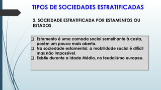 TIPOS DE SOCIEDADES ESTRATIFICADAS
❑ Estamento é uma camada social semelhante à casta,
porém um pouco mais aberta.
❑ Na sociedade estamental, a mobilidade social é difícil
mas não impossível.
❑ Existiu durante a Idade Média, no feudalismo europeu.
2. SOCIEDADE ESTRATIFICADA POR ESTAMENTOS OU
ESTADOS
 