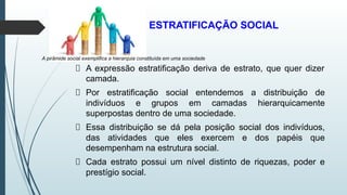 ESTRATIFICAÇÃO SOCIAL
A expressão estratificação deriva de estrato, que quer dizer
camada.
Por estratificação social entendemos a distribuição de
indivíduos e grupos em camadas hierarquicamente
superpostas dentro de uma sociedade.
Essa distribuição se dá pela posição social dos indivíduos,
das atividades que eles exercem e dos papéis que
desempenham na estrutura social.
Cada estrato possui um nível distinto de riquezas, poder e
prestígio social.
A pirâmide social exemplifica a hierarquia constituída em uma sociedade
 