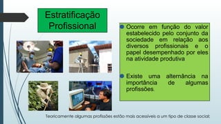 ⚫ Ocorre em função do valor
estabelecido pelo conjunto da
sociedade em relação aos
diversos profissionais e o
papel desempenhado por eles
na atividade produtiva
⚫ Existe uma alternância na
importância de algumas
profissões.
Estratificação
Profissional
Teoricamente algumas profissões estão mais acessíveis a um tipo de classe social;
 