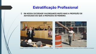 Estratificação Profissional
EM NOSSA SOCIEDADE VALORIZAMOS MUITO MAIS A PROFISSÃO DE
ADVOGADO DO QUE A PROFISSÃO DE PEDREIRO.
Imagem: Antonio Cruz/Abr/ Creative Commons Attribution 3.0 Brazil Ìmagem: Seattle Municipal Archives/ Creative Commons Attribution 2.0 Generic
 