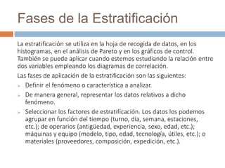 Fases de la Estratificación
La estratificación se utiliza en la hoja de recogida de datos, en los
histogramas, en el análisis de Pareto y en los gráficos de control.
También se puede aplicar cuando estemos estudiando la relación entre
dos variables empleando los diagramas de correlación.
Las fases de aplicación de la estratificación son las siguientes:
 Definir el fenómeno o característica a analizar.
 De manera general, representar los datos relativos a dicho
fenómeno.
 Seleccionar los factores de estratificación. Los datos los podemos
agrupar en función del tiempo (turno, día, semana, estaciones,
etc.); de operarios (antigüedad, experiencia, sexo, edad, etc.);
máquinas y equipo (modelo, tipo, edad, tecnología, útiles, etc.); o
materiales (proveedores, composición, expedición, etc.).
 