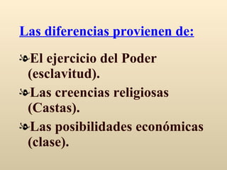 Las diferencias provienen de: El ejercicio del Poder (esclavitud). Las creencias religiosas (Castas). Las posibilidades económicas (clase). 