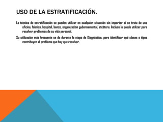 USO DE LA ESTRATIFICACIÓN.
La técnica de estratificación se pueden utilizar en cualquier situación sin importar si se trata de una
     oficina, fábrica, hospital, banco, organización gubernamental, etcétera. Incluso lo puede utilizar para
     resolver problemas de su vida personal.
Su utilización más frecuente se da durante la etapa de Diagnóstico, para identificar qué clases o tipos
    contribuyen al problema que hay que resolver.
 