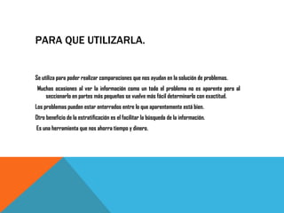 PARA QUE UTILIZARLA.


Se utiliza para poder realizar comparaciones que nos ayudan en la solución de problemas.
 Muchas ocasiones al ver la información como un todo el problema no es aparente pero al
    seccionarlo en partes más pequeñas se vuelve más fácil determinarlo con exactitud.
Los problemas pueden estar enterrados entre lo que aparentemente está bien.
Otro beneficio de la estratificación es el facilitar la búsqueda de la información.
Es una herramienta que nos ahorra tiempo y dinero.
 