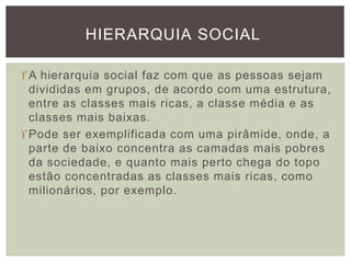 A hierarquia social faz com que as pessoas sejam
divididas em grupos, de acordo com uma estrutura,
entre as classes mais ricas, a classe média e as
classes mais baixas.
Pode ser exemplificada com uma pirâmide, onde, a
parte de baixo concentra as camadas mais pobres
da sociedade, e quanto mais perto chega do topo
estão concentradas as classes mais ricas, como
milionários, por exemplo.
HIERARQUIA SOCIAL
 