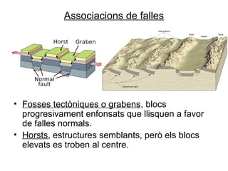 Associacions de falles

• Fosses tectòniques o grabens, blocs
progresivament enfonsats que llisquen a favor
de falles normals.
• Horsts, estructures semblants, però els blocs
elevats es troben al centre.

 