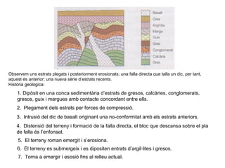 Observem uns estrats plegats i posteriorment erosionats; una falla directa que talla un dic, per tant,
aquest és anterior; una nueva sèrie d’estrats recents.
Història geològica:

1. Dipòsit en una conca sedimentària d’estrats de gresos, calcàries, conglomerats,
gresos, guix i margues amb contacte concordant entre ells.
2. Plegament dels estrats per forces de compressió.
3. Intrusió del dic de basalt originant una no-conformitat amb els estrats anteriors.
4. Distensió del terreny i formació de la falla directa, el bloc que descansa sobre el pla
de falla és l’enfonsat.
5. El terreny roman emergit i s’erosiona.
6. El terreny es submergeix i es dipositen entrats d’argil·lites i gresos.
7. Torna a emergir i esosió fins al relleu actual.

 