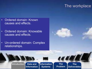 ©2013 LHST sarl
• Ordered domain: Known
causes and effects.
• Ordered domain: Knowable
causes and effects.
• Un-ordered domain: Complex
relationships.
Introduction Information
Systems
The
Problem
Data and
Information
The
Deliverables
 