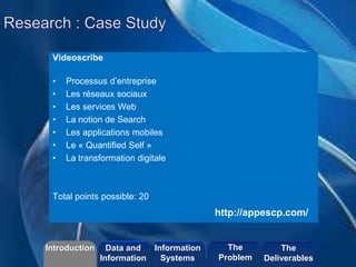 ©2013 LHST sarl
Videoscribe
• Processus d’entreprise
• Les réseaux sociaux
• Les services Web
• La notion de Search
• Les applications mobiles
• Le « Quantified Self »
• La transformation digitale
Total points possible: 20
Introduction Information
Systems
The
Problem
Data and
Information
The
Deliverables
http://appescp.com/
 