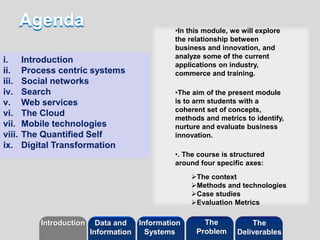 ©2013 LHST sarl
•In this module, we will explore
the relationship between
business and innovation, and
analyze some of the current
applications on industry,
commerce and training.
•The aim of the present module
is to arm students with a
coherent set of concepts,
methods and metrics to identify,
nurture and evaluate business
innovation.
•. The course is structured
around four specific axes:
The context
Methods and technologies
Case studies
Evaluation Metrics
i. Introduction
ii. Process centric systems
iii. Social networks
iv. Search
v. Web services
vi. The Cloud
vii. Mobile technologies
viii. The Quantified Self
ix. Digital Transformation
Introduction Information
Systems
The
Problem
Data and
Information
The
Deliverables
 