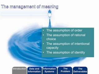 ©2013 LHST sarl
• The assumption of order
• The assumption of rational
choice
• The assumption of intentional
capacity
• The assumption of identity
©2010 LHST sarl
Introduction Information
Systems
The
Problem
Data and
Information
The
Deliverables
 