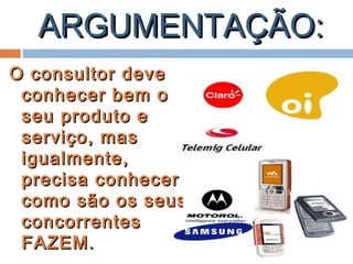 O consultor deveO consultor deve
conhecer bem oconhecer bem o
seu produto eseu produto e
serviço, masserviço, mas
igualmente,igualmente,
precisa conhecerprecisa conhecer
como são os seuscomo são os seus
concorrentesconcorrentes
FAZEM.FAZEM.
ARGUMENTAÇÃO:ARGUMENTAÇÃO:
 