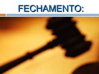 FECHAMENTO:FECHAMENTO:
QUANDO?QUANDO?
O cliente concorda com os argumentosO cliente concorda com os argumentos
ou vantagens , após oferta do vendedorou vantagens , após oferta do vendedor
sem objeções por parte do cliente,mostrasem objeções por parte do cliente,mostra
interesse de fechar (momentointeresse de fechar (momento
psicológico)psicológico)
 