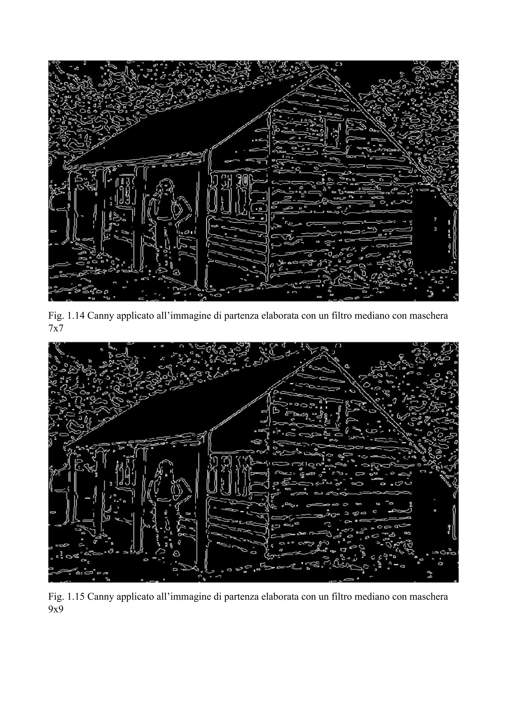 Fig. 1.14 Canny applicato all’immagine di partenza elaborata con un filtro mediano con maschera
7x7
Fig. 1.15 Canny applicato all’immagine di partenza elaborata con un filtro mediano con maschera
9x9
 