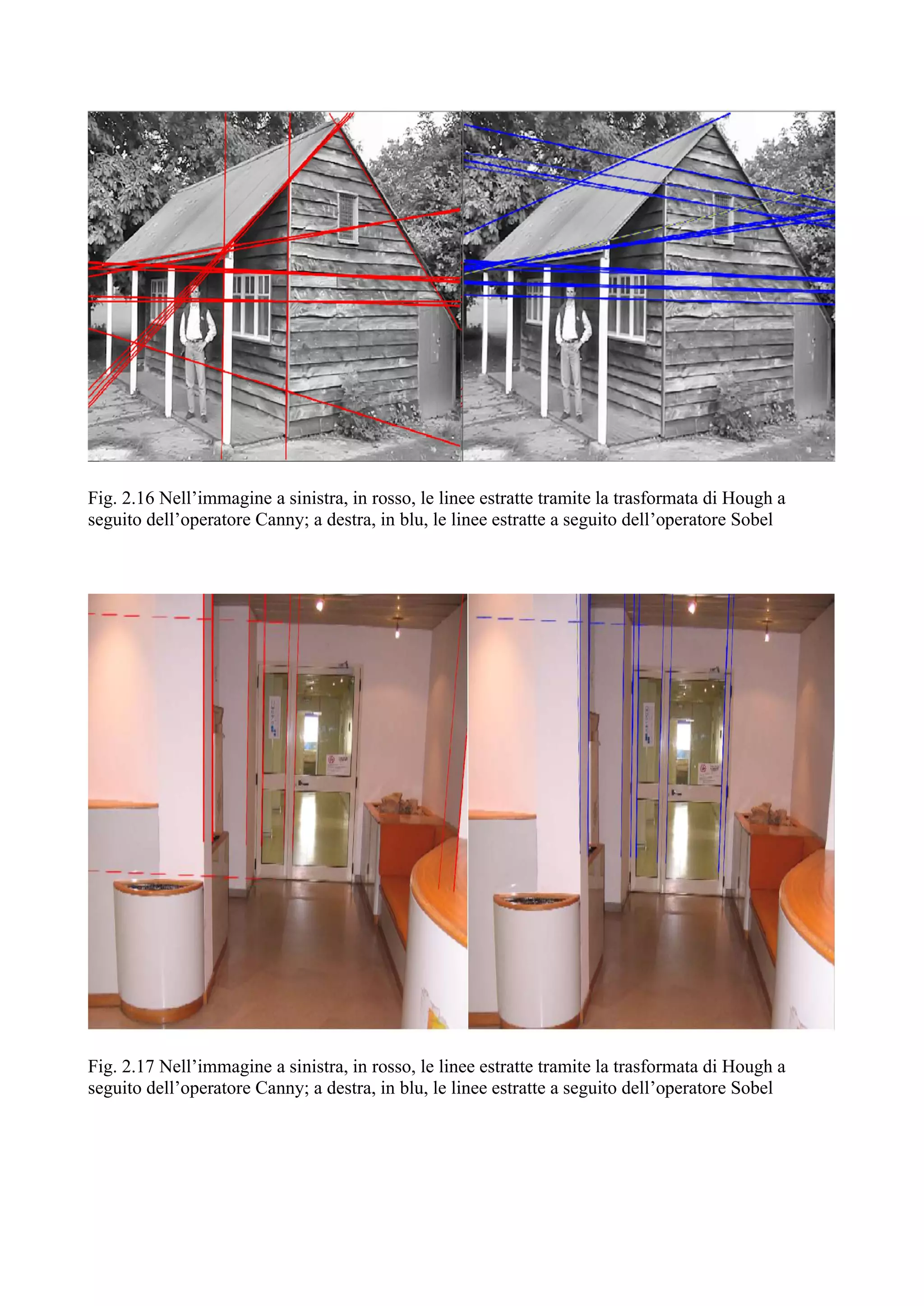 Fig. 2.16 Nell’immagine a sinistra, in rosso, le linee estratte tramite la trasformata di Hough a
seguito dell’operatore Canny; a destra, in blu, le linee estratte a seguito dell’operatore Sobel
Fig. 2.17 Nell’immagine a sinistra, in rosso, le linee estratte tramite la trasformata di Hough a
seguito dell’operatore Canny; a destra, in blu, le linee estratte a seguito dell’operatore Sobel
 