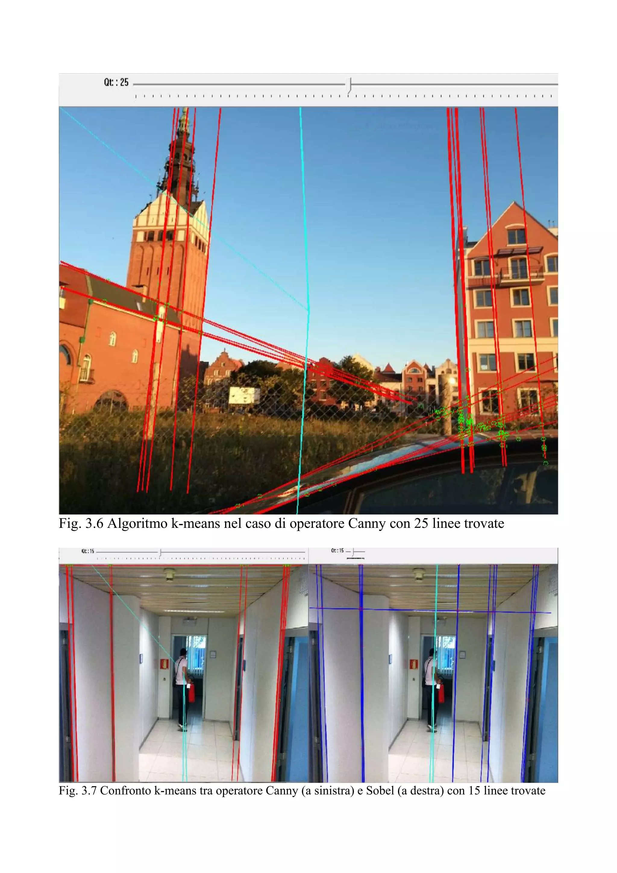 Fig. 3.6 Algoritmo k-means nel caso di operatore Canny con 25 linee trovate
Fig. 3.7 Confronto k-means tra operatore Canny (a sinistra) e Sobel (a destra) con 15 linee trovate
 
