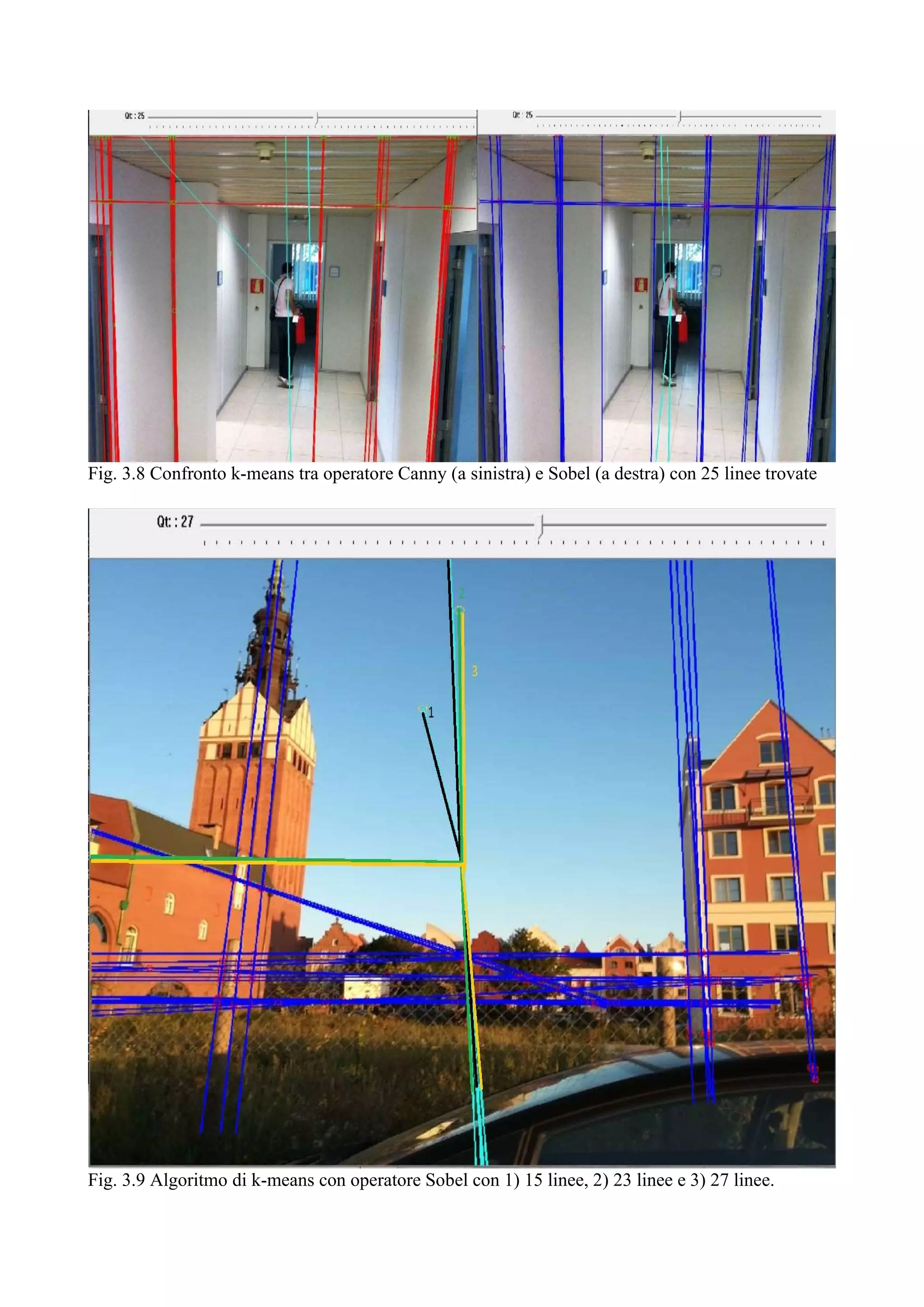 Fig. 3.8 Confronto k-means tra operatore Canny (a sinistra) e Sobel (a destra) con 25 linee trovate
Fig. 3.9 Algoritmo di k-means con operatore Sobel con 1) 15 linee, 2) 23 linee e 3) 27 linee.
 