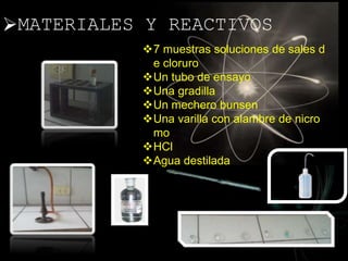 7 muestras soluciones de sales d
e cloruro
Un tubo de ensayo
Una gradilla
Un mechero bunsen
Una varilla con alambre de nicro
mo
HCl
Agua destilada
MATERIALES Y REACTIVOS
 
