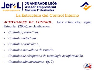 ACTIVIDADES DE CONTROL. Esta actividades, según
Estupiñan (2006), se clasifican en:
- Controles preventivos.
- Controles detectivos.
- Controles correctivos.
- Controles manuales o de usuario.
- Controles de cómputos o de tecnología de información.
- Controles administrativos . (p. 7)
La Estructura del Control Interno
JR ANDRADE LEÓN
Asesor Empresarial
Servicios Profesionales
 