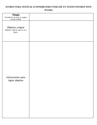 ESTRUCTURA TEXTUAL O SUPERESTRUCTURA DE UN TEXTO INSTRUCTIVO
(Forma)
Título
(Al redactar un texto, se sugiere
crearlo al final)
Objetivo a lograr
Informa sobre lo que se va a
hacer.
Instrucciones para
lograr objetivo
 