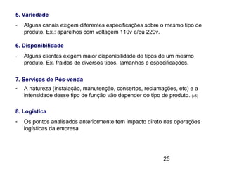 25
5. Variedade
- Alguns canais exigem diferentes especificações sobre o mesmo tipo de
produto. Ex.: aparelhos com voltagem 110v e/ou 220v.
6. Disponibilidade
- Alguns clientes exigem maior disponibilidade de tipos de um mesmo
produto. Ex. fraldas de diversos tipos, tamanhos e especificações.
7. Serviços de Pós-venda
- A natureza (instalação, manutenção, consertos, reclamações, etc) e a
intensidade desse tipo de função vão depender do tipo de produto. (v5)
8. Logística
- Os pontos analisados anteriormente tem impacto direto nas operações
logísticas da empresa.
 