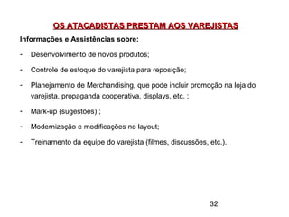 32
OS ATACADISTAS PRESTAM AOS VAREJISTASOS ATACADISTAS PRESTAM AOS VAREJISTAS
Informações e Assistências sobre:
- Desenvolvimento de novos produtos;
- Controle de estoque do varejista para reposição;
- Planejamento de Merchandising, que pode incluir promoção na loja do
varejista, propaganda cooperativa, displays, etc. ;
- Mark-up (sugestões) ;
- Modernização e modificações no layout;
- Treinamento da equipe do varejista (filmes, discussões, etc.).
 