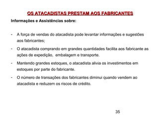 35
OS ATACADISTAS PRESTAM AOS FABRICANTESOS ATACADISTAS PRESTAM AOS FABRICANTES
Informações e Assistências sobre:
- A força de vendas do atacadista pode levantar informações e sugestões
aos fabricantes;
- O atacadista comprando em grandes quantidades facilita aos fabricante as
ações de expedição, embalagem e transporte.
- Mantendo grandes estoques, o atacadista alivia os investimentos em
estoques por parte do fabricante.
- O número de transações dos fabricantes diminui quando vendem ao
atacadista e reduzem os riscos de crédito.
 