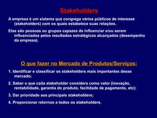 9
StakeholdersStakeholders
A empresa é um sistema que congrega vários públicos de interesse
(stakeholders) com os quais estabelece suas relações.
Elas são pessoas ou grupos capazes de influenciar e/ou serem
influenciados pelos resultados estratégicos alcançados (desempenho
da empresa).
O que fazer no Mercado de Produtos/Serviços:O que fazer no Mercado de Produtos/Serviços:
1. Identificar e classificar os stakeholders mais importantes desse
mercado;
2. Saber o que cada stakeholder considera como valor (inovação,
rentabilidade, garantia do produto, facilidade de pagamento, etc);
3. Dar prioridade aos principais stakeholders;
4. Proporcionar retornos a todos os stakeholders.
 