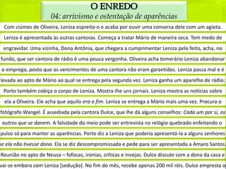 O ENREDO
                      04: arrivismo e ostentação de aparências
  Com ciúmes de Oliveira, Leniza espreita-o e acaba por ouvir uma conversa dele com um agiota.
  Leniza é apresentada às outras cantoras. Começa a tratar Mário de maneira seca. Tem medo de
 engravidar. Uma vizinha, Dona Antônia, que chegara a cumprimentar Leniza pelo feito, acha, no
fundo, que ser cantora de rádio é uma pouca vergonha. Oliveira acha temerário Leniza abandonar
 o emprego, posto que os vencimentos de uma cantora não eram garantidos. Leniza passa mal e é
levada ao apto de Mário ao qual se entrega pela segunda vez. Leniza ganha um aparelho de rádio;
 Porto também cobiça o corpo de Leniza. Mostra-lhe uns jornais. Leniza mostra as notícias sobre
  ela a Oliveira. Ele acha que aquilo era o fim. Leniza se entrega a Mário mais uma vez. Procura o
fotógrafo Wangel. É assediada pela cantora Dulce, que lhe dá alguns conselhos: Cada um por si, os
 outros que se danem. A falsidade do meio pode ser entrevista no relógio quebrado enfeitando o
pulso só para manter as aparências. Porto diz a Leniza que poderia apresentá-la a alguns senhores
se ela não tivesse dono. Ela se diz descompromissada e pede para ser apresentada a Amaro Santos.
Reunião no apto de Neusa – fofocas, ironias, críticas e invejas. Dulce discute com a dona da casa e
vai-se embora com Leniza [sedução]. No fim do mês, recebe apenas 200 mil réis. Dulce empresta o
 