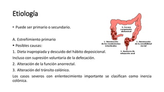 Etiología
• Puede ser primario o secundario.
A. Estreñimiento primario
 Posibles causas:
1. Dieta inapropiada y descuido del hábito deposicional.
Incluso con supresión voluntaria de la defecación.
2. Alteración de la función anorrectal.
3. Alteración del tránsito colónico.
Los casos severos con enlentecimiento importante se clasifican como inercia
colónica.
 