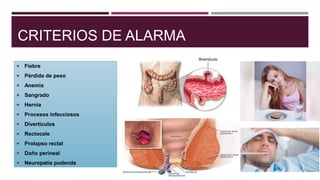 CRITERIOS DE ALARMA
 Fiebre
 Pérdida de peso
 Anemia
 Sangrado
 Hernia
 Procesos infecciosos
 Divertículos
 Rectocele
 Prolapso rectal
 Daño perineal
 Neuropatía pudenda
 