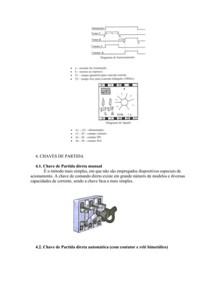 4. CHAVES DE PARTIDA 
4.1. Chave de Partida direta manual 
É o método mais simples, em que não são empregados dispositivos especiais de acionamento. A chave de comando direto existe em grande número de modelos e diversas capacidades de corrente, sendo a chave faca a mais simples. 
4.2. Chave de Partida direta automática (com contator e relé bimetálico)  