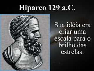Hiparco 129 a.C. Sua idéia era criar uma escala para o brilho das estrelas. 