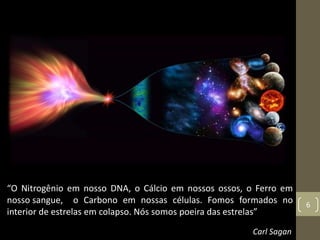“O Nitrogênio em nosso DNA, o Cálcio em nossos ossos, o Ferro em
nosso sangue, o Carbono em nossas células. Fomos formados no
interior de estrelas em colapso. Nós somos poeira das estrelas”
Carl Sagan
6
 